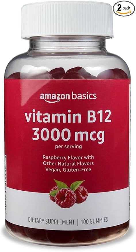 Amazon Basics Vitamin B12 3000 mcg Gummies, Normal Energy Production and Metabolism, Immune System Support, Raspberry, 200 Count (2 Packs of 100), 2 per serving