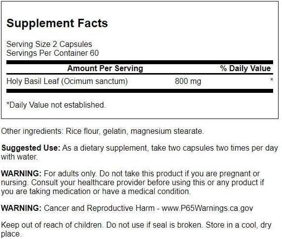 Swanson Holy Basil Leaf (Tulsi) (120 Capsules, 800mg Per