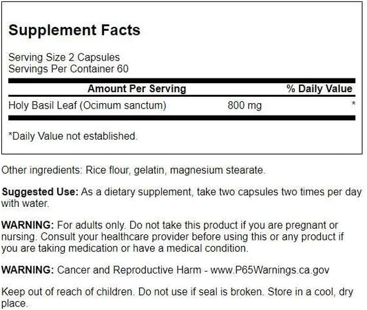 Swanson Holy Basil Leaf (Tulsi) (120 Capsules, 800mg Per