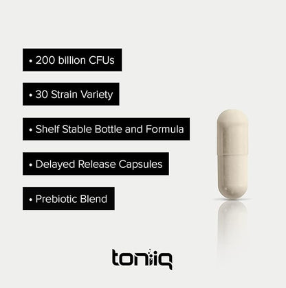 Toniiq 200 Billion CFU Probiotic Supplement 30 Verified Third-Party Tested Strains - Fully Shelf-Stable Probiotics Formula with Prebiotic Blend - Extended Release Capsules
