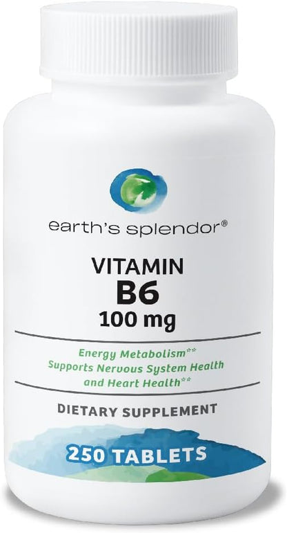Earth's Splendor Energy Supplement Vitamin B6 (100mg, 250 250 Tablets)