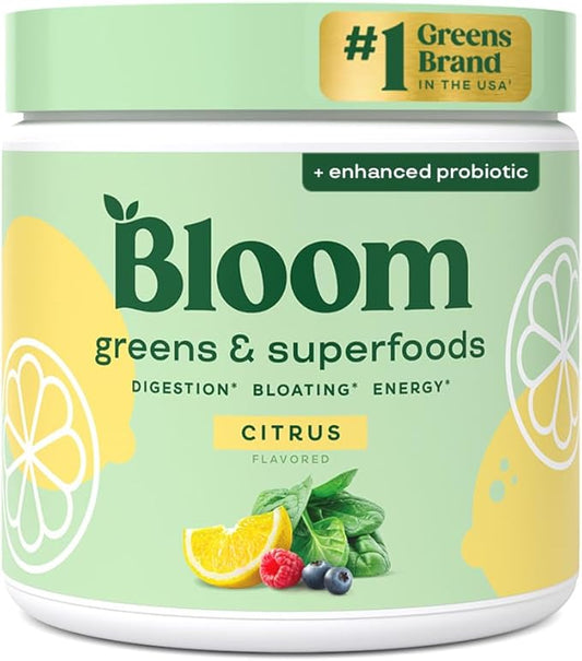 Bloom Nutrition Superfood Greens Powder, Digestive Enzymes with Probiotics and Prebiotics, Gut Health, Bloating Relief for Women, Chlorella, Green Juice Mix with Beet Root Powder, 30 SVG, Citrus