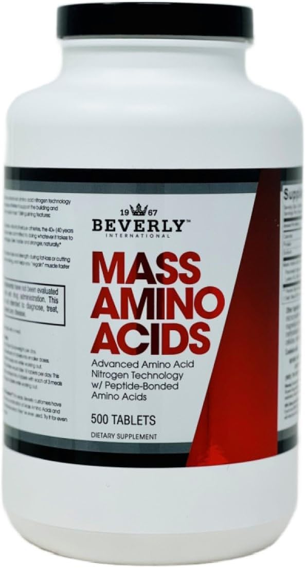 Beverly International Mass Amino Acids, 500 Tabs. Use Pre-Post Workout, with Meals, Essential for Muscle Recovery and Repair. Complete Amino Acid Profile