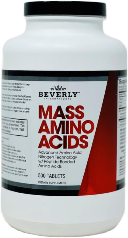 Beverly International Mass Amino Acids, 500 Tabs. Use Pre-Post Workout, with Meals, Essential for Muscle Recovery and Repair. Complete Amino Acid Profile