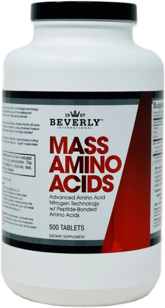 Beverly International Mass Amino Acids, 500 Tabs. Use Pre-Post Workout, with Meals, Essential for Muscle Recovery and Repair. Complete Amino Acid Profile