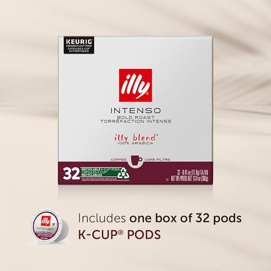 Illy Coffee K Cups - Coffee Pods For Keurig Coffee Maker – Intenso Dark Roast – Notes of Cocoa & Dried Fruit - Bold, Flavorful & Full-Bodied Flavor of Pods Coffee - No Preservatives – 32 Count
