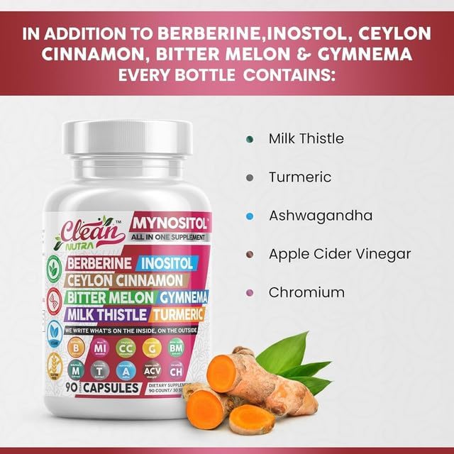 Clean Nutra Berberine Inositol Supplement with Ceylon Cinnamon, Bitter Melon, Gynema Sylvestre, Milk Thistle, Turmeric - 90 Vegan Vegetarian Capsules, Non-GMO, Gluten Free - Berberine for Women Men