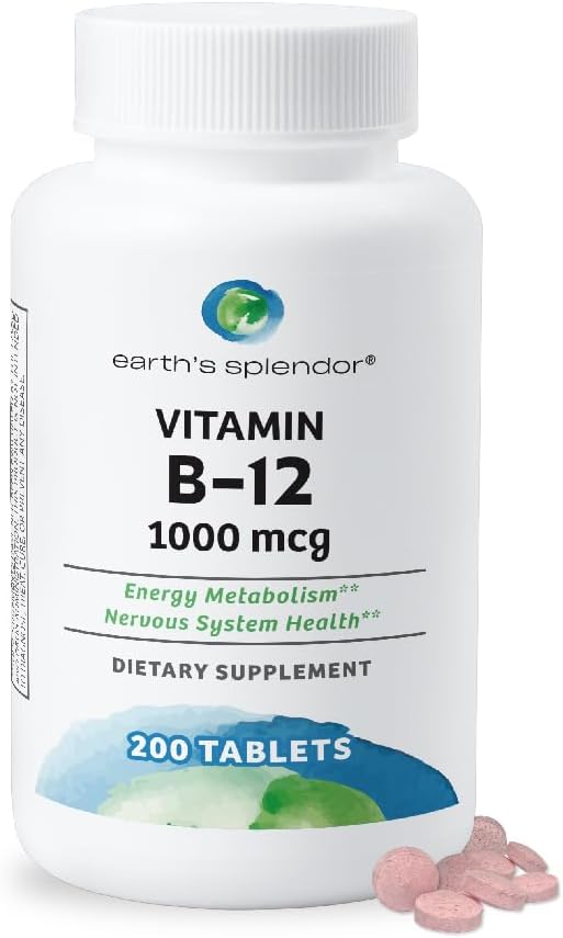 Earth's Splendor Energy Supplements, with Vitamin B12, Dietary (1000mcg, 200 200 Tablets)