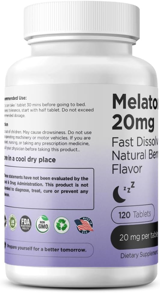 Melatonin 20mg, 100% Drug Free, Fast-Dissolve 120 Tablets