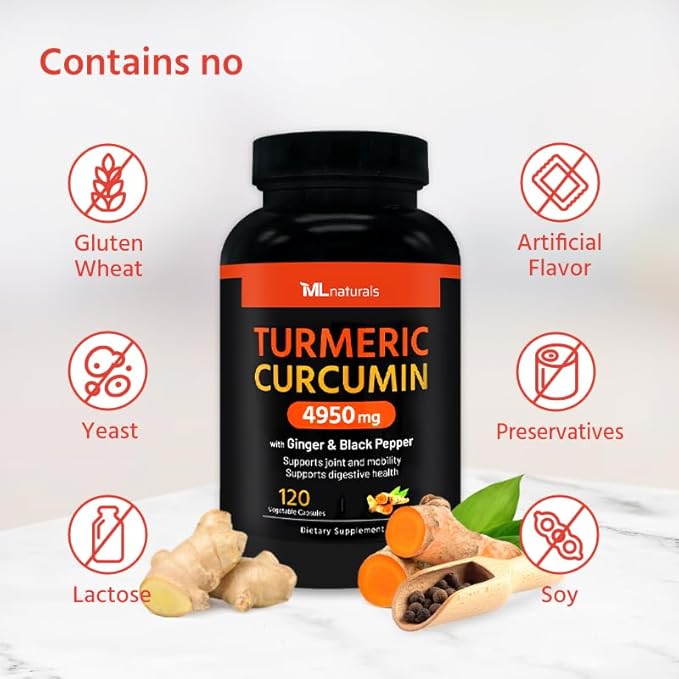 Extra Strength Turmeric Curcumin 4950 mg 120 Vegetable 95% Curcuminoids,