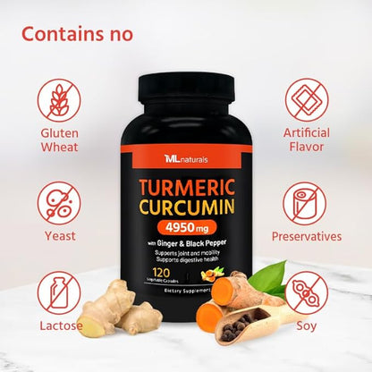 Extra Strength Turmeric Curcumin 4950 mg 120 Vegetable 95% Curcuminoids,