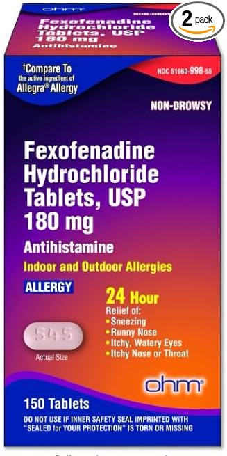 Ohm Fexofenadine Antihistamine Indoor Outdoor Allergy 150Tablets - 2 Pack