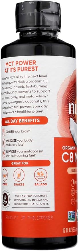 Nutiva Organic C8 MCT Oil, Ultimate Keto Fuel from Non-GMO Coconuts, 14g MCT 12 Fl Oz, USDA Organic, Whole 30, Vegan & Gluten-Free, Energy Boost to Coffee, Shakes and Salads