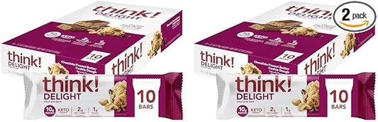 think! Delight, Keto Protein Bars, Healthy Low Carb, Gluten Free Snack - Chocolate Peanut Butter Cookie Dough, 10 Count (Packaging May Vary) (Pack of 2)