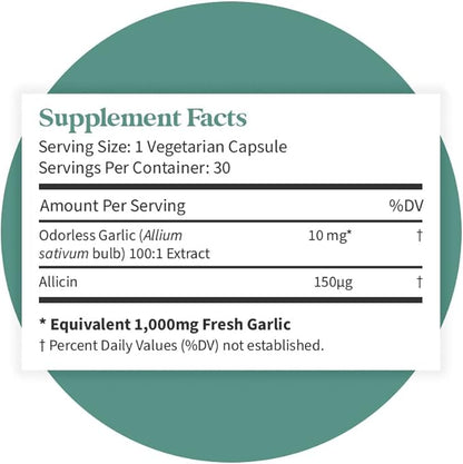Pattern Wellness Odorless Organic Garlic - 1000mg - Healthy Immune, Circulatory & Cardiovascular Support - Happy & Healthy Heart - Non-GMO & Gluten Free - 30 Vegan Capsules