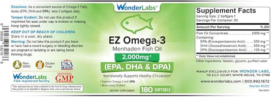 EZ Omega-3 Atlantic Menhaden Fish Oil 2000 mg, 180 Softgels