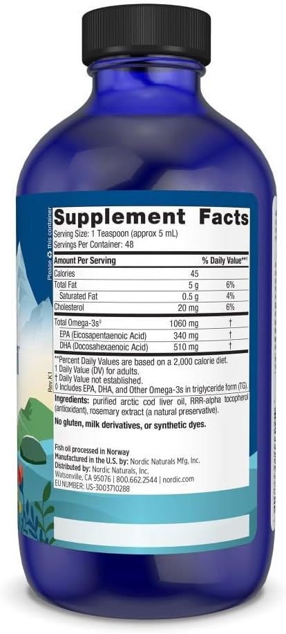 Nordic Naturals Arctic Cod Liver Oil, Unflavored - 8 oz - 1060 mg Total Omega-3s with EPA & DHA - Heart & Brain Health, Healthy Immunity, Overall Wellness - Non-GMO - 48 Servings
