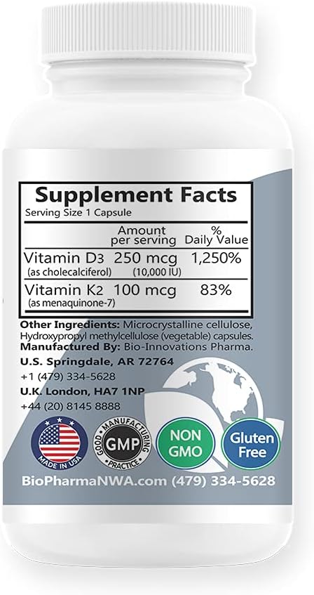 D3+K2 10,000IU D3 Cholecalciferol 100mcg, MK7 120 Capsules