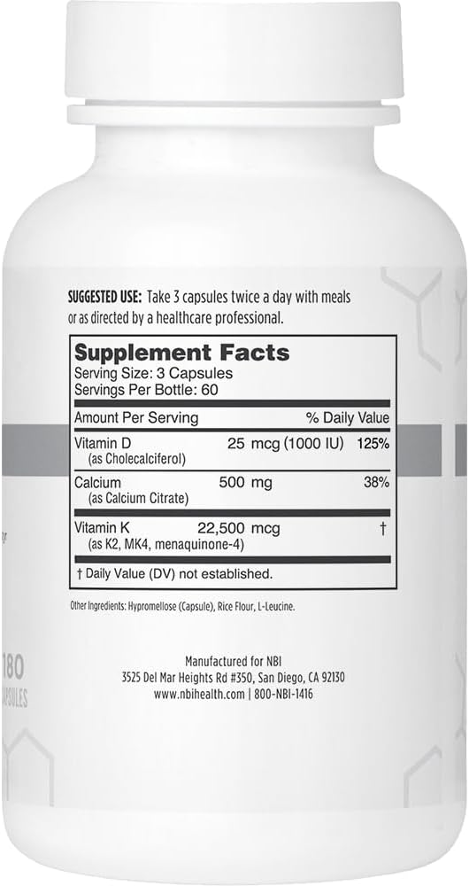 Osteo-K Bone Support | Vitamin D & K Complex with Calcium Citrate Supplement | 45mg Vitamin K2 (MK4) for Strong Bone Health & Function | 180ct Veggie Capsules