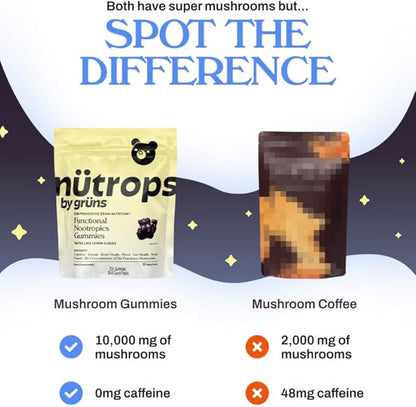 Gruns Nutrops Functional Nootropics Mushroom Gummies, Herbal Brain Supplement Gummy for Energy, Brain Health, Cognitive Support, Mood & Focus - Cordyceps, Lions Mane, Reishi, Chaga & Coriolus Blend