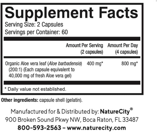 NatureCity True-Aloe 80,000mg Aloe Vera Gel Equivalent Per Serving– Made with Organic Aloe Vera (720 Capsules) Digestive, Skin and Joint Support|Small Easy-to-Swallow Pills