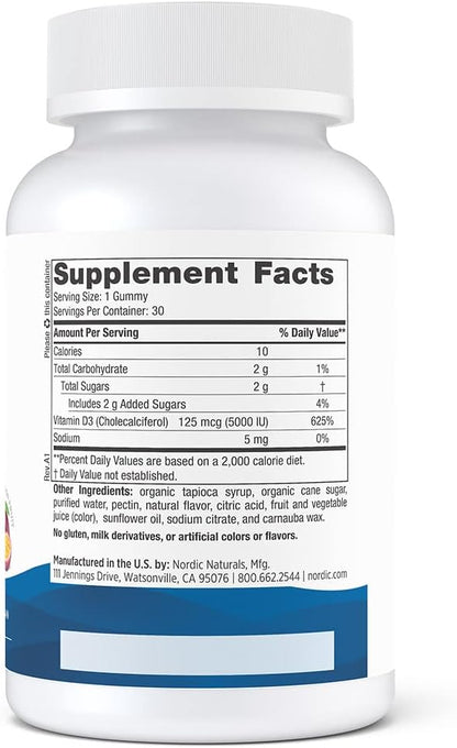Nordic Naturals Vitamin D3 5000 Gummies, Passion Fruit - 30 Gummies - Support for Healthy Bones, Mood, & Immune System - Vegetarian - Non-GMO - 30 Servings