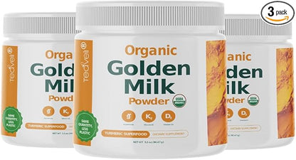 Organic Golden Milk Powder with Vitamins D3 & K2, Turmeric, Ginger, Curcumin, Cinnamon, KSM66 Ashwagandha, Holy Basil & Natural Prebiotics– Delicious Unsweetened Turmeric Tea Latte - 3 Pack