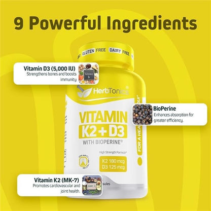 Immune System Support Vitamin K2 (MK7) with D3 5000 Iu Supplement + Bioperine (Black Pepper) | Strong Bones & Heart Health | K2 D3 Complex | Easy to Swallow 120 Veg Capsules