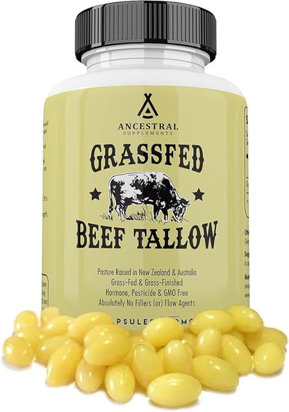 Ancestral Supplements Grass Fed Beef Tallow Capsules, 3000mg, Nourishing Kidney Fat Supplement Supports Bones, Teeth, Gums, Skin, Immune and Overall Health, Non-GMO, 180 Capsules