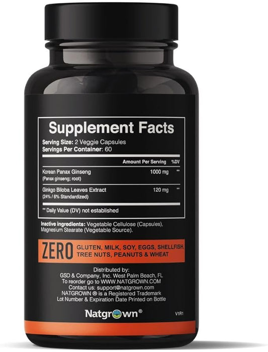 Natgrown Panax Ginseng & Ginkgo Biloba Supplement - Red Korean Ginseng & Ginko Biloba Capsules for Men & Women - Supports Memory Focus & Brain Function - Vegan Pills - 120 Count
