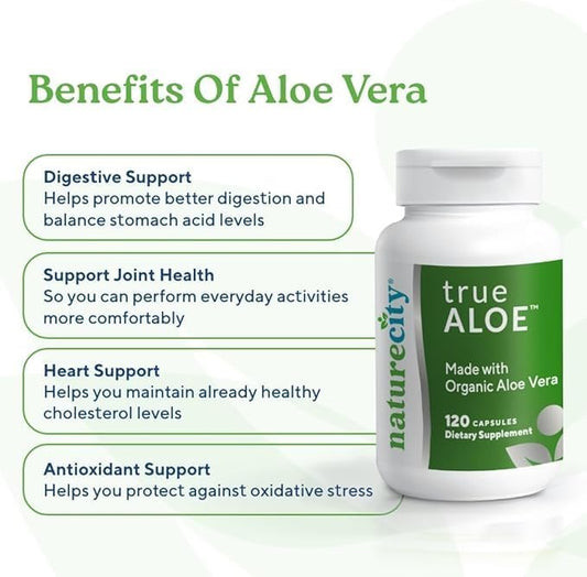 NatureCity True-Aloe 80,000mg Aloe Vera Gel Equivalent Per Serving – Made with Organic Aloe Vera (120 Capsules) Digestive, Skin and Joint Support | Small Easy-to-Swallow Pills