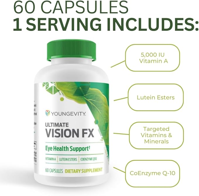 Youngevity Ultimate Vision FX™ - Eye Vitamin & Mineral Supplement Blend - Lutein, CoQ10, Vitamins A, C, E, Zinc, Chromium, Selenium for Eye Health (60 Capsules)