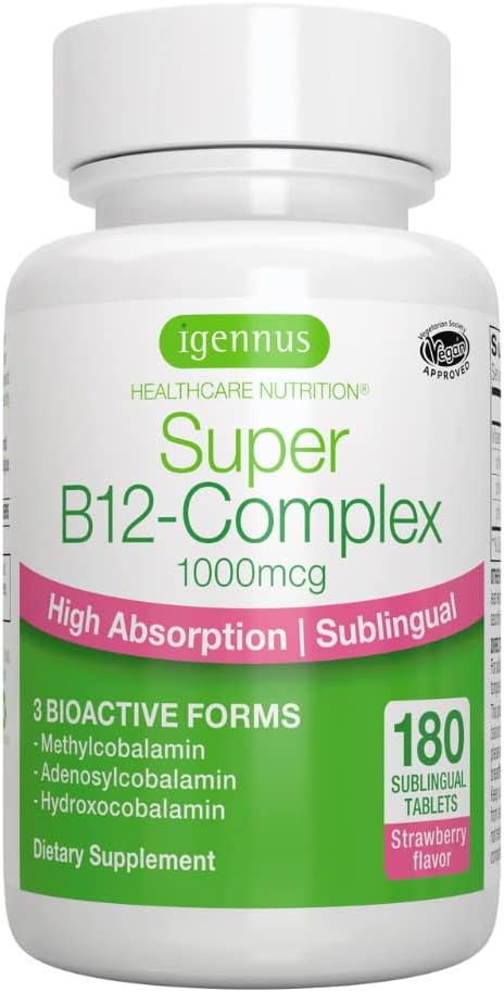 Super B12-Complex 1000mcg, Sublingual & Methylated B12, Methylcobalamin, 180 Servings,