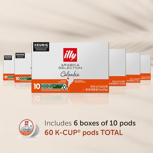 Illy Coffee K Cups - Coffee Pods For Keurig Coffee Maker – Colombia Medium Roast – Notes of Fruit - Bold, Flavorful & Full-Bodied Flavor of Pods Coffee - No Preservatives – 10 Count, 6 Pack