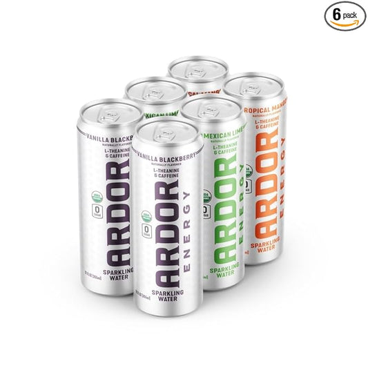 ARDOR ENERGY Sparkling Water 6 pack Sampler. 100mg Organic Caffeine from Green Tea & 200mg Organic L-Theanine (Focus & Calm). No Sugar. No Calories. Vegan. Gluten Free.