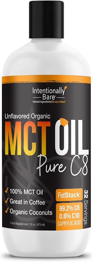 Intentionally Bare Pure C8 MCT Oil Organic - Brain Octane C8 MCT Oil for Keto Paleo & Vegan Diet - Unflavored MCT Oil C8 for Bulletproof Coffee Shakes & Salads - 100% Pure MCT Oil 16oz