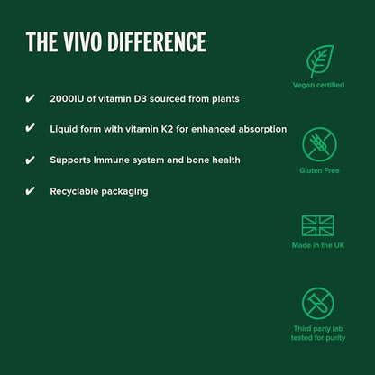 Vivo Life - Vitamin D3 K2, 50ml Liquid Complex Drops, 2000iu of D3, Vegan Health Supplement for Men and Women, 100 Servings