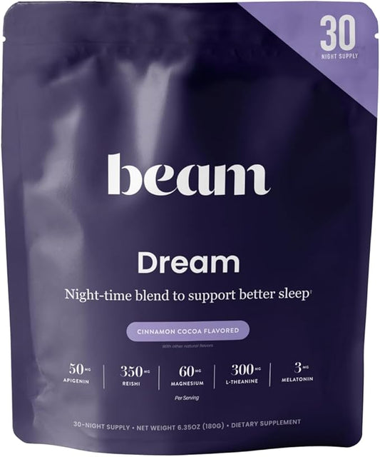 Beam Dream Sleep Powder, Sleep Aid, Sleep Aids for Adults, Contains Magnesium, Melatonin, L Theanine, Apigenin, Natural Sleep Supplement, Vegan, Non GMO, Dairy Free, 3rd Party Tested, 30 Servings