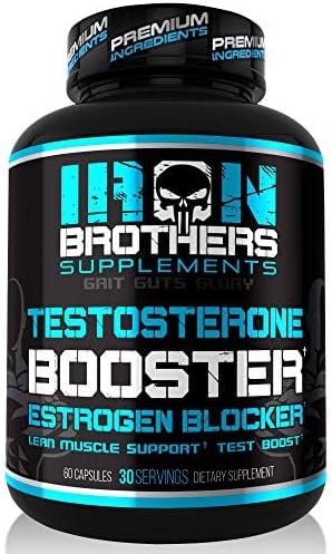 Iron Brothers Supplements Testosterone Booster for Men with Estrogen Blocker - Anti-Estrogen Dietary Supplements - Grape Seed & Tribulus Terrestris – Pack of 60 Capsules – Muscle Growth Boost - 30 day