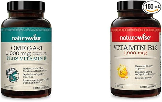 NatureWise High-Potency 1000mg Omega 3 600mg 400mg DHA 180ct & 1000mcg Vitamin B12 150 150 Softgels