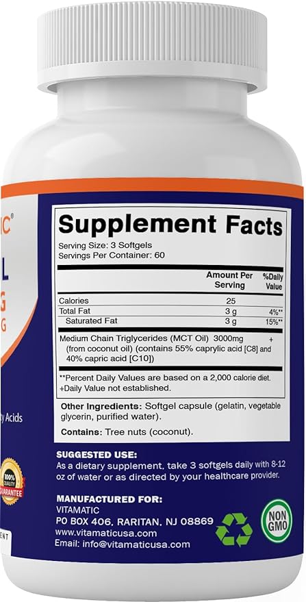 Vitamatic 2 Packs MCT Oil Capsules 3000 mg per Serving - 180 Softgels - from Coconut Oil - Contains 55% caprylic Acid C8 and 40% capric Acid C10 (Total 360 Softgel)