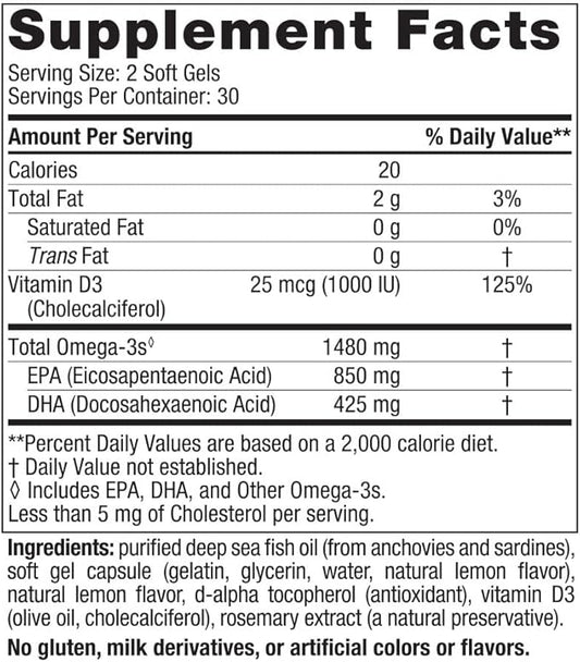 Nordic Naturals Ultimate Omega Xtra, Lemon Flavor 60 Soft 1480 mg Omega-3 + 1000 IU D3 - Omega-3 Fish 30 Servings