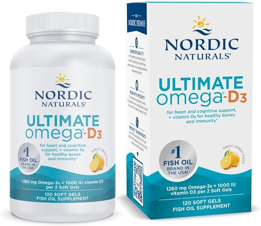 Nordic Naturals Ultimate Omega-D3, Lemon Flavor 120 Soft 1280 mg Omega-3 + 1000 IU D3 - Omega-3 Fish 60 Servings