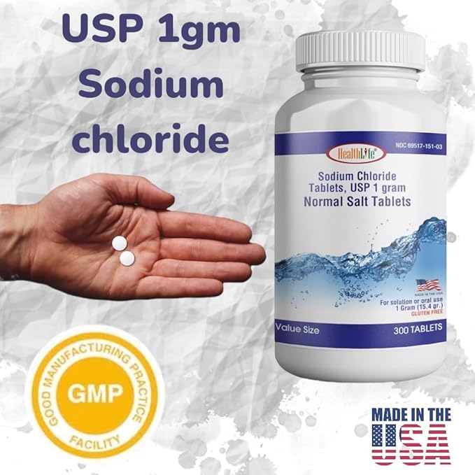 Health Life Sodium Chloride Tablets 1 gm, USP | 300 Count | Normal Salt Tablets | Sodium Mineral Supplement (15.4gr.) | Electrolytes Replenisher Hydration Drink