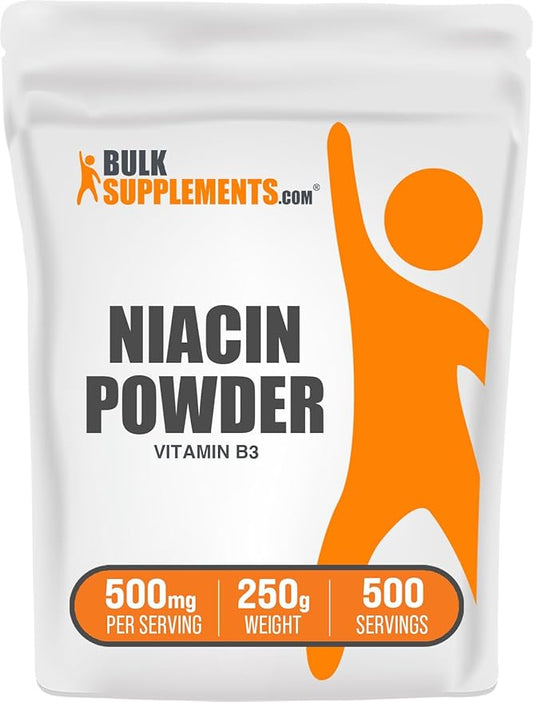 BulkSupplements.com Niacin Powder - Vitamin B3 Supplement, Niacin 500mg - Niacin Flush, Niacin with Flushing - Gluten Free, 500mg of Niacin per Serving, 250g (8.8 oz) (Pack of 1)