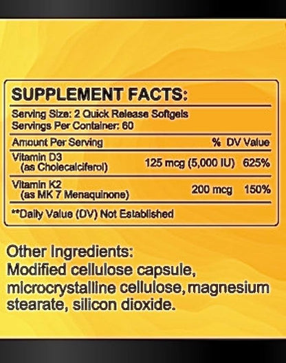 High Potency Vegan K2 (MK 7) 200mcg + D3 5000iu 5000iu w/Organic 120 SoftGels 60-Day Supply