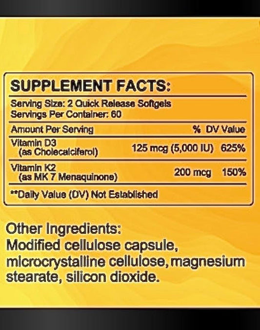 High Potency Vegan K2 (MK 7) 200mcg + D3 5000iu 5000iu w/Organic 120 SoftGels 60-Day Supply