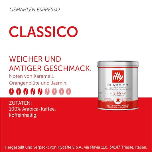 illy Ground Coffee Espresso - 100% Arabica Coffee Ground – Classico Medium Roast - Notes of Caramel, Orange Blossom & Jasmine - Rich Aromatic Profile - Precise Roast - No Preservatives – 4.4 Ounce