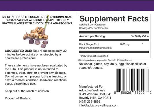 Addictive Wellness Thai Black Ginger for Men, Thai Black Ginger Supplement to Support Energy Metabolism, Endurance & Performance, Freeze Dried Black Ginger Capsules 450mg, Vegan & Paleo, 100 Count
