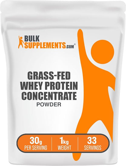 BulkSupplements.com Grass Fed Whey Protein Powder - Unflavored Whey Protein Powder, Grass Feed Whey Protein Concentrate - Gluten Free, 30g per Serving, 1kg (2.2 lbs) (Pack of 1)